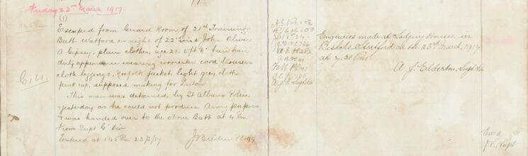 Escaped from Guard Room of 21st Training Battalion, Watford