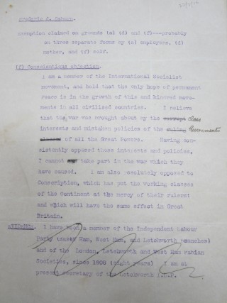 Statement of Conscientious Objection by Frederic J Osborn, 22 Feb1916 | HALS Ref DE/FJO/A19 