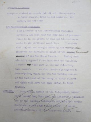 OTB 28.08.15 054 Statement of Conscientious Objection by Frederic J Osborn, 22 Feb1916 | HALS Ref DE/FJO/A19