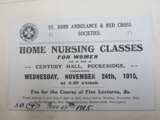 Advert for Home Nursing Classes, 1915 | HALS Ref DE/X 275/B3
