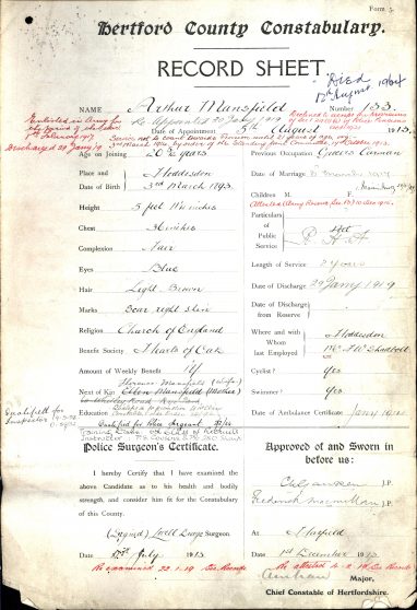 Arthur Mansfield Form 3 Service Record | Herts Police Historical Society