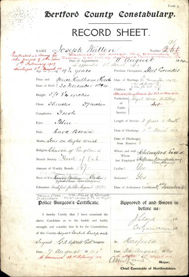Joseph Wallen Poliice Service Record | Herts Police Historical Society