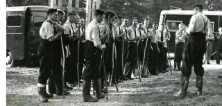 PS Ron Rowe 6th from left part of a search team  at Goose Green 1957 | Herts Police Historical Society