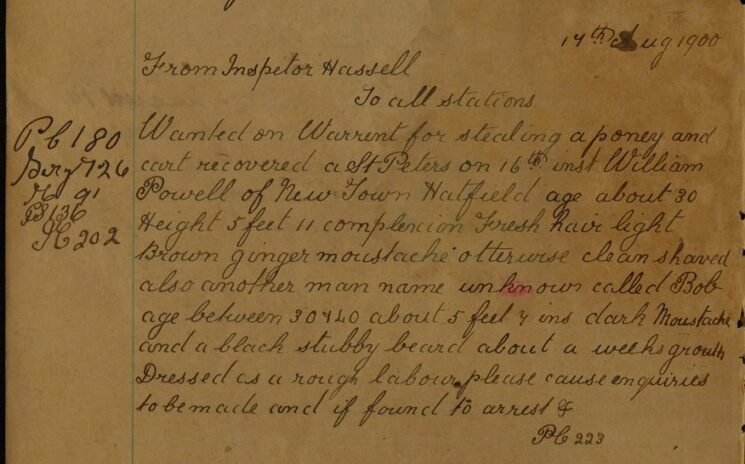 William Powell - Wanted on Warrant for Stealing a Pony and Cart
