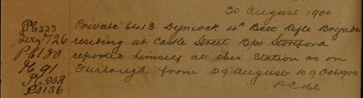 Private Dymock Reported on Furlough