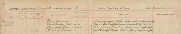 Conveyed John Stirwell - handcuffed - to Cambridge Prison