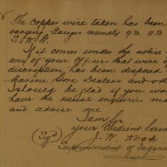 Report of Theft of Copper Wire From Telegraph Poles