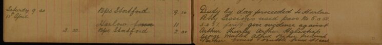 Proceeded to Harlow Petty Sessions and Gave Evidence Against Arthur Hurley, Arthur Halerstrap, George Mullen, Alfred Baker, Frederick Parker and Ernest Buttle