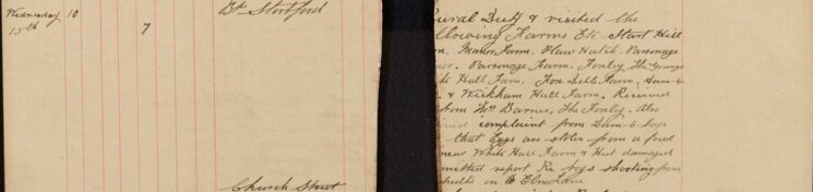 Rural Duty: Received [ ] From Mrs Barnes, The Foxley. Also Received Complaint From Dane -O -Coys About Eggs Being Stolen From Fowl [House]. Saw White Hall Farm and Hut Damaged. [Submitted] Report About Boys Shooting From [Catapults] in Elm Lane