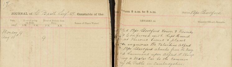 Made Enquiries Regarding Valentine Alfred [ ] Absentee From the Navy. [Served] Summons Upon Alfred R. Stamp [ ...Driving ] A Motor Car To The Common [ ] The Public