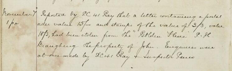 Letter Containing A Postal Order And Stamps Stolen From The Golden Fleece Public House