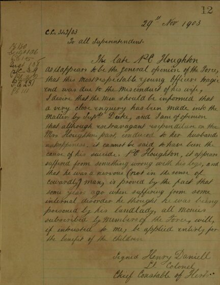 Copy of Notice From C.C. Henry Daniell Re The Late PC Houghton Who Committed Suicide