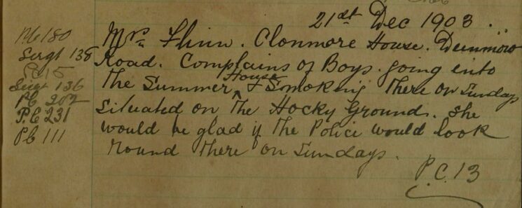 Complaint About Boys Smoking In The Summer House on The Hockey Ground on Sundays