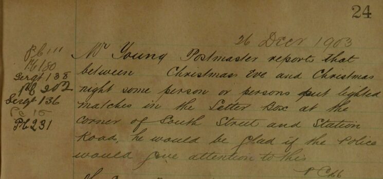 Report of Lit Matches Being Put In Letter Box At South Street