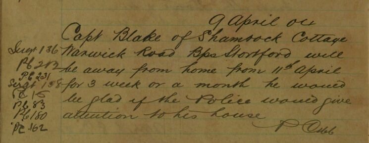 Request For Police To Check On Capt. Blake's House Whilst He's Away