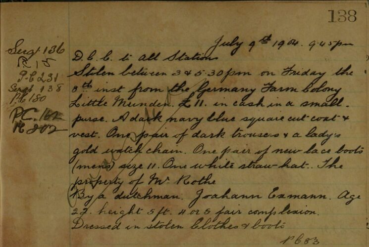 Clothing, Boots and Money Stolen From The German Farm Colony, Little Munden