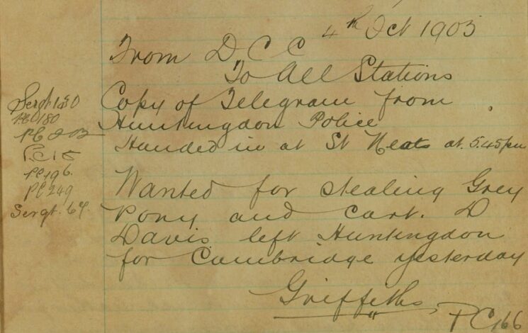 Copy of Telegram From Huntingdon Police: Wanted For Stealing A Pony And Cart