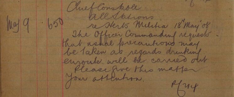 Request From Commanding Officer Of Herts Militia That Usual Precautions Are Taken Regarding Drinking En Route