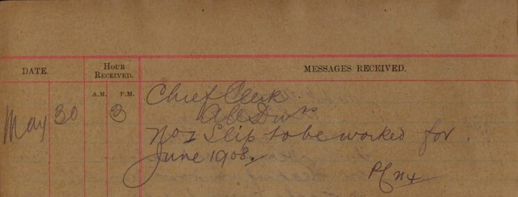 Instruction To Work No 1 Slip For June 1908