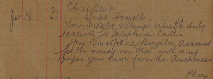 Notification Of Receipt Of Forms And Stamps. Money For Bicycles To Be Accounted For With Auctioneer