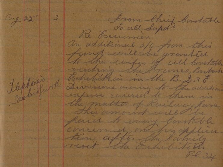 Re: Excursion - Constables' Wives Visiting The Franco-British Exhibition To be Recompensed For The Additional Railway Fare Incurred