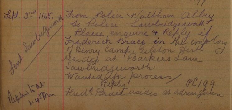 Enquiry By Waltham Abbey Police About Frederick Brace's Address