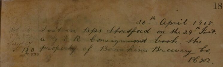 G.E.R. Consignment Book Lost In Bishops Stortford
