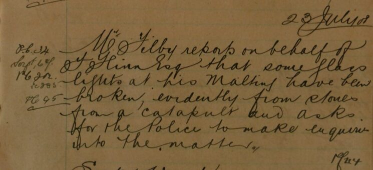 Report Of Glass Lights At The Maltings Being Broken By Stones From A Catapalt
