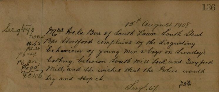 Complaint Of Men And Boys Bathing In South Mill Lock On Sundays