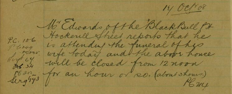 Notification Of Public House Being Unoccupied Whilst Owner Attends His Wife's Funeral