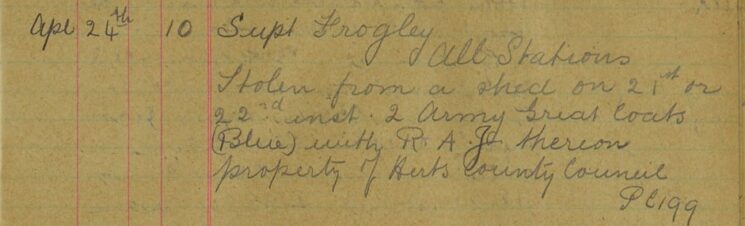 Two Army Greatcoats Stolen From A Shed