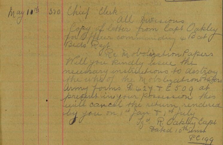 Instructions From 4th Battalion Beds Regiment Re Mobilisation Papers