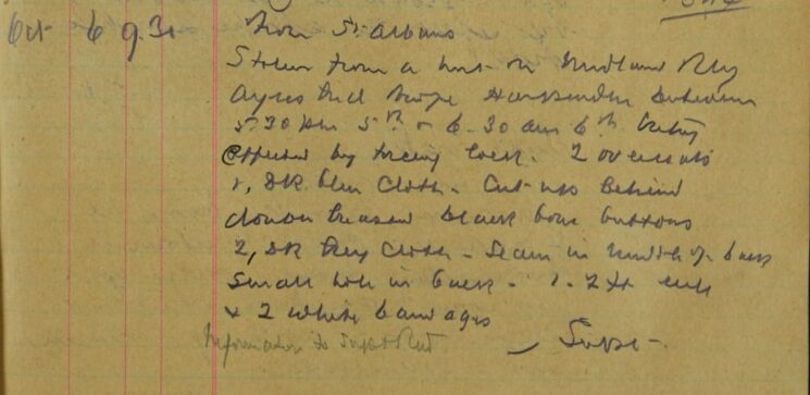 Two Overcoats Stolen From A Hut On The Midland Railway