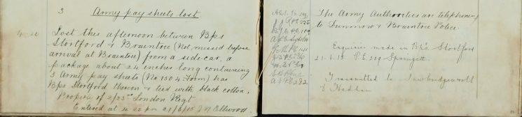 Army pay sheets lost Between Bishop's Stortford and Braintree property of 2/23rd London Regt