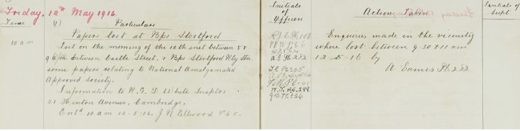 Papers lost at Bishop's Stortford, relating to National Amalgamated Approved Society