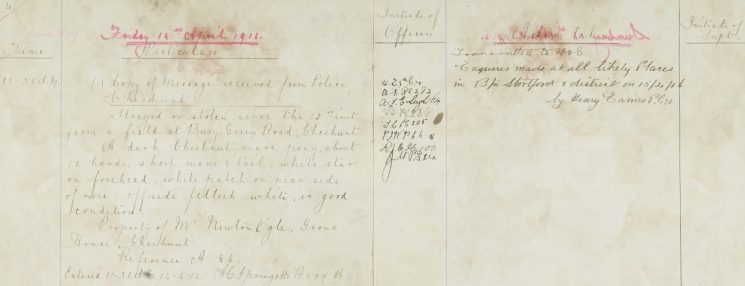 Copy of message received from Cheshunt - Mare strayed