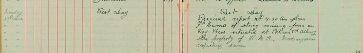 Rest Day - received a report from Fk Burrell of string missing from a hay-press situated at Patmore Rd Albury the property of HMG