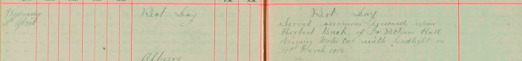Rest Day - Served summons personally upon Herbert Back of Furneaux Pelham Hall, driving motor car with headlight on