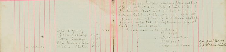Saw Mrs Ada Salman of 5 Dane Street leave Black Bull PH Hockerill Street with 3 pint bottles of Ale, possession taken of same, name of licensee Mrs Annie Ayliffe, under Liquor Control Board Order