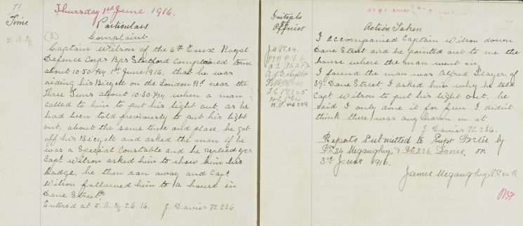 Complaint by Captain Wilson, light on bicycle