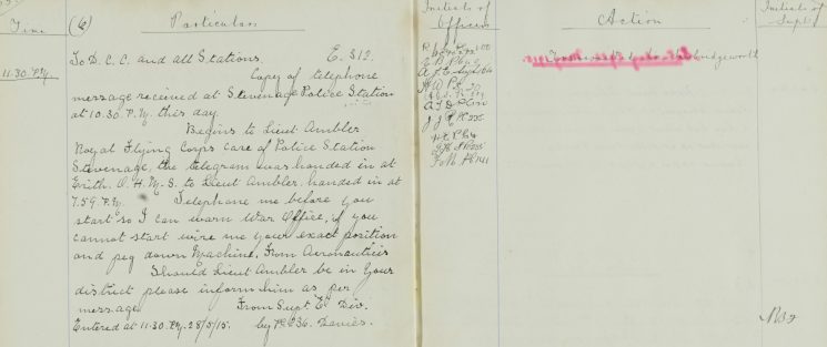 Copy of telephone call received at Stevenage Police Station re Telegram for Lieut Ambler