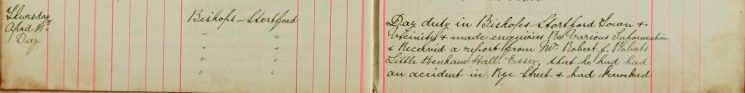 Received a report that Mr Robert F Roberts, Little Henham Hall Essex, that he had an accident in rye street and had Knocked (continued)