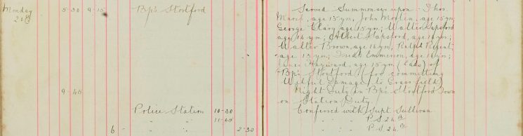 Served summons upon John Morten, George Clary, Walter Sapsford, Albert Sapsford, Walter Brown, Ralph Regent, Frederick Emmerson, James Hayward (Lads)  committing wilful damage to grass fields