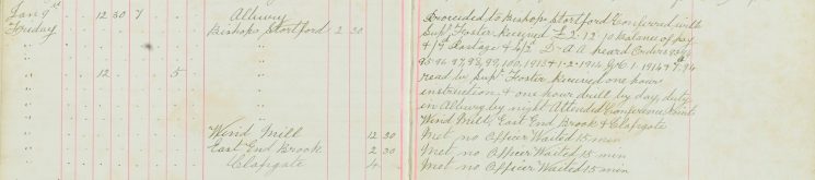 Proceeded to Bishop's Stortford received balance of pay, one hour instruction, one hour drill
