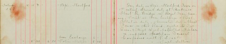 Special duty at Hockerill Street Railway Bridge, re Royal Train Passing, Observation duty on Church Tower re Air Raid, cycled to Tye Green and High Wych patrolled fields re supposed aeroplane decent