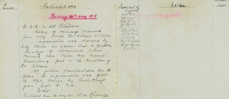 Copy of message from City Police St. Albans, Zeppelin passed over Potters Bar