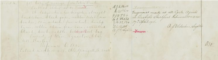 Copy of message from Bushey, lost or stolen a ladies bicycle, Copy of message from Bushey, lost or stolen a ladies bicycle