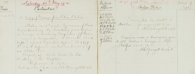 Copy of message from Police Elstree, Housebreaking