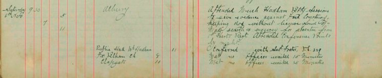 Attended Much Hadham Petty Sessions to give evidence against Fred Courtney, made search and enquiry for absentee from 1st Herts Regt.
