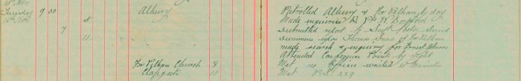 Made enquiries re Pte W Bayford submitted report to Supt. Foster, served summons upon Thomas Snow of Furneaux Pelham, made search and enquiries for Ernest Johnson